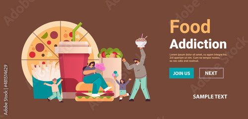 happy family eating junk food unhealthy nutrition junkfood addiction stop fast food concept
