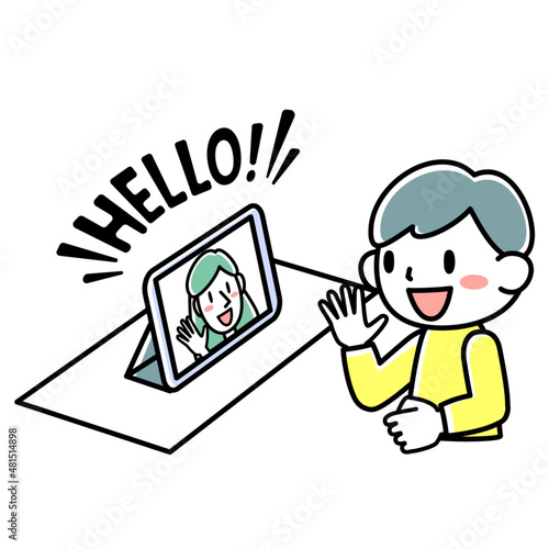 タブレットを使って英語学習をする男の子