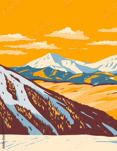 WPA poster art of keystone ski resort in Colorado  done in works project administration or federal art project style. photo