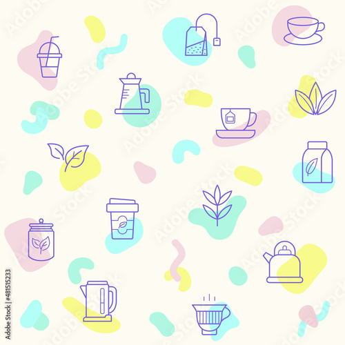 Simple pattern on the theme of tea, drink, star anise, infusion bags, tea strainer, green tea, nature, herbal, rooibos and more. simple color icons on beige background.
