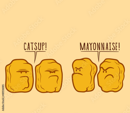 Cute cartoon vector chicken Nuggets really difficult choice sauce mayonnaise or ketchup