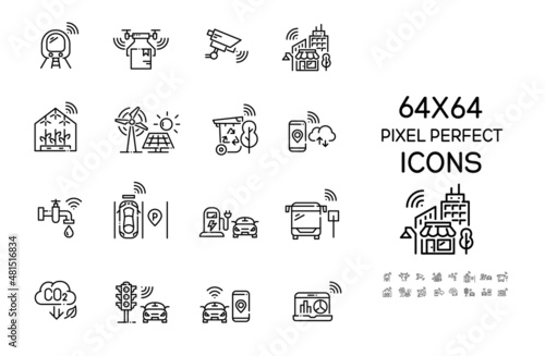 Smart city icons set. CCTV, drone delivery, smart parking and traffic management, sustainable energy sources. Pixel perfect, editable stroke
