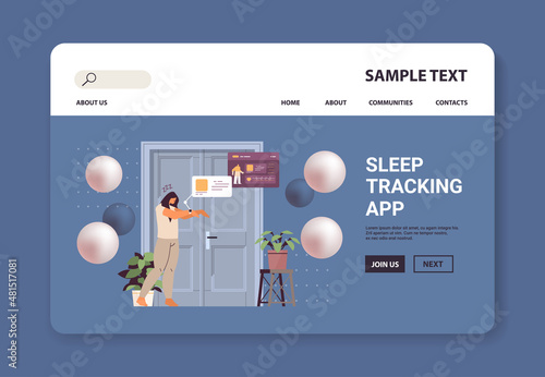 tired woman with electronic smart watch app tracker on hand quality and quantity sleep control concept
