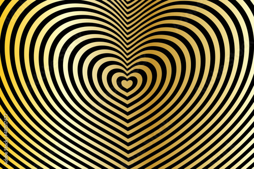 Abstract optical illusion. Black background with a gold heart. Vector.