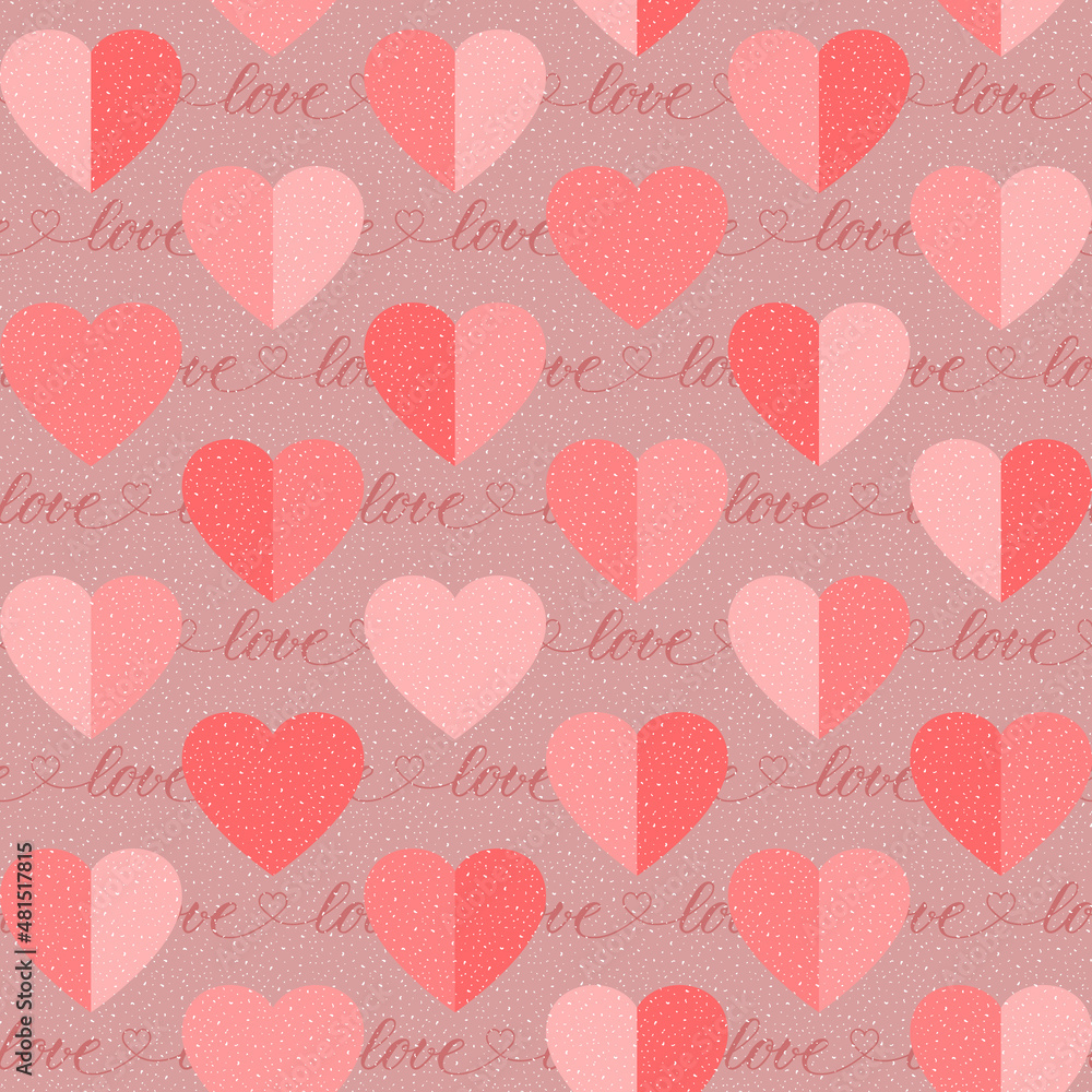 half of heart. love word. pink textured repetitive background. valentines day greeting card. vector seamless pattern. fabric swatch. wrapping paper. modern stylish texture. design template for textile