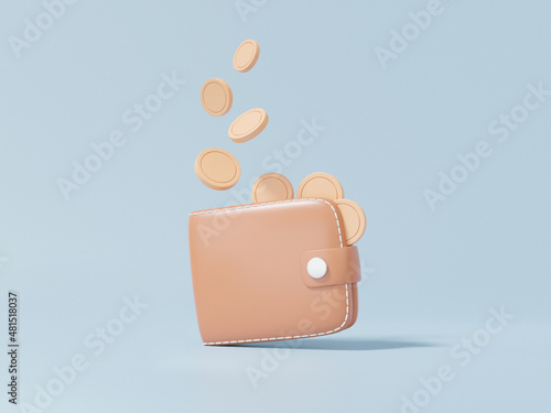 Coins money floating into wallet brown with Cashback concept. Finance saving online payment, cartoon minimal style on sky blue background, banner, 3d render illustration