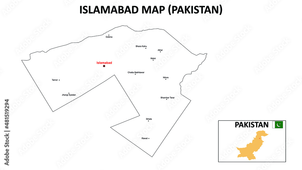Islamabad Map. Islamabad Map of Pakistan with color background and all states names.