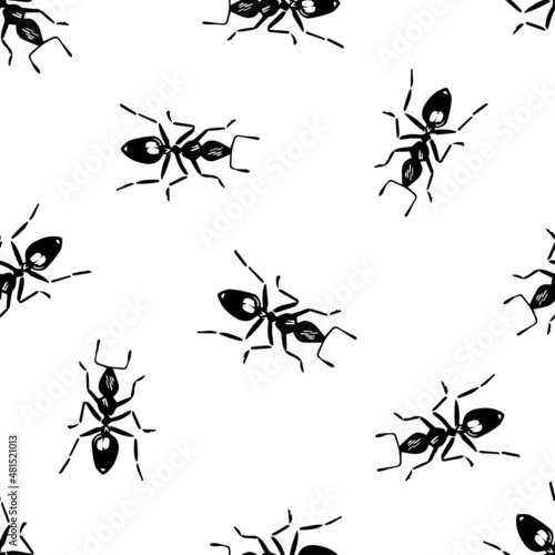 Ant Vector Seamless Pattern. Black little ants on a white isolated background. Monochromic background with ants. Vector illustration.