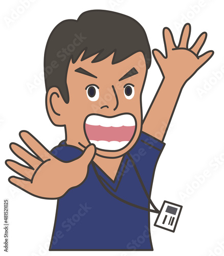 ちょっと待ったポーズで制止する介護士のイラスト