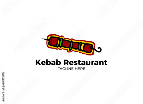 Vintage kebab logo template. Kebab or shashlik on skewer with fire flame isolated on white background. Vector illustration