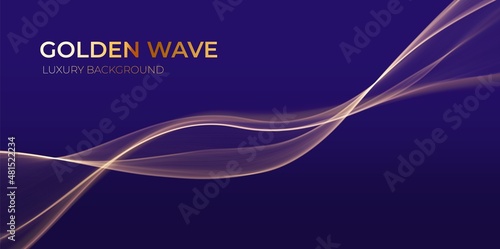 Golden abstract wave. Magic line design. Flow curve motion element. Neon gradient wavy illiustration.