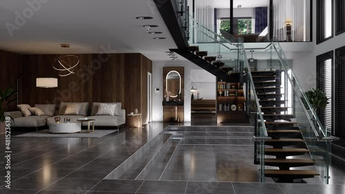 Luxury Modern House Interior With Corner Sofa, Bookshelf And Staircase photo
