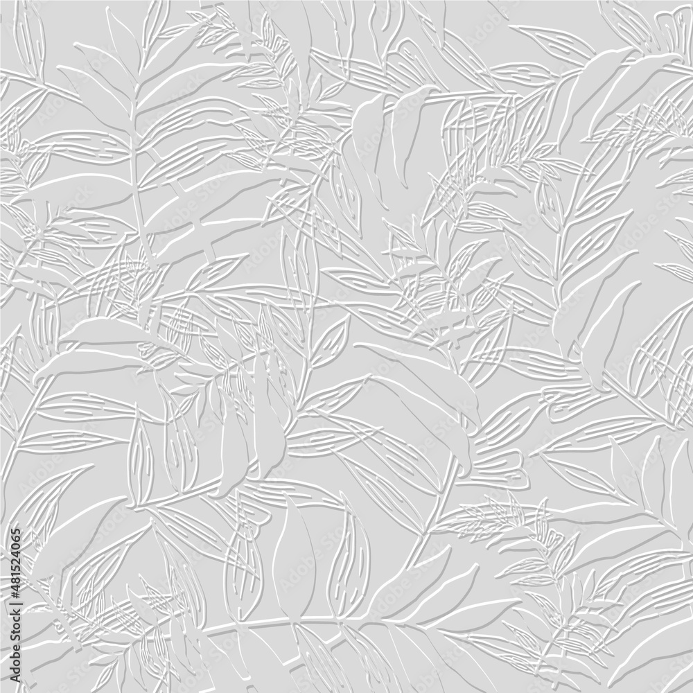 Embossed floral line art tracery 3d seamless pattern. Ornamental beautiful leafy relief background. Repeat textured white backdrop. Surface leaves, branches. 3d endless ornament with embossing effect