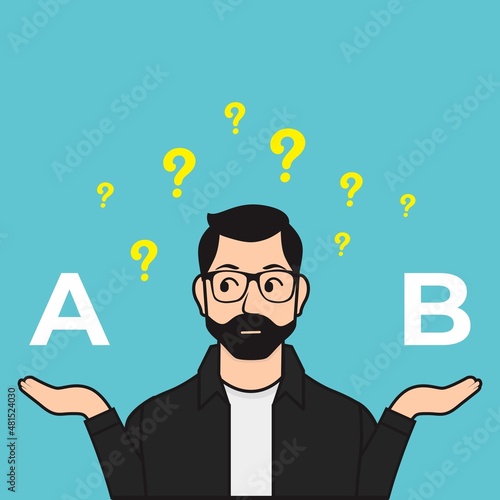 Man Thinking Difficult Choice Between Two Options Vector Illustration