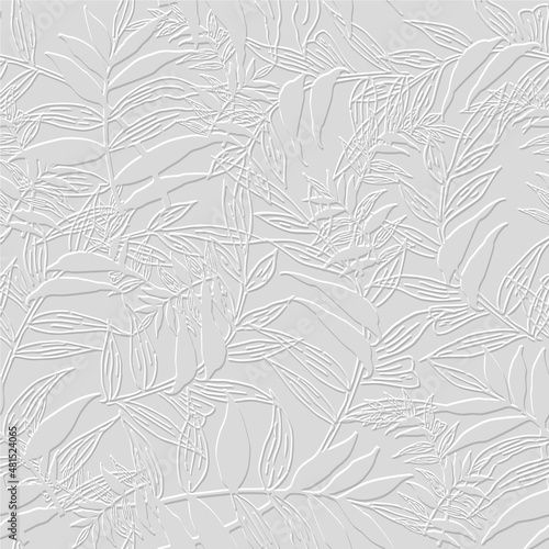 Embossed floral line art tracery 3d seamless pattern. Ornamental beautiful leafy relief background. Repeat textured white backdrop. Surface leaves, branches. 3d endless ornament with embossing effect photo