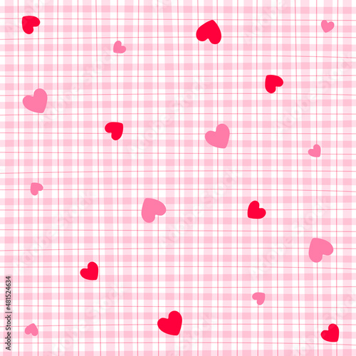 Pink Red Heart Love Valentine's Day Gingham Pattern Square Background Editable Stroke. Vector Illustration Tablecloth, Picnic mat wrap paper. 