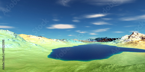 Alien Planet. Mountain and lake. 3D rendering