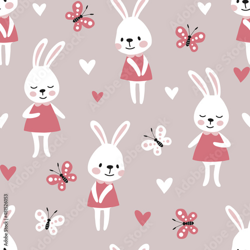 Seamless pattern with easter bunny and butterflies.