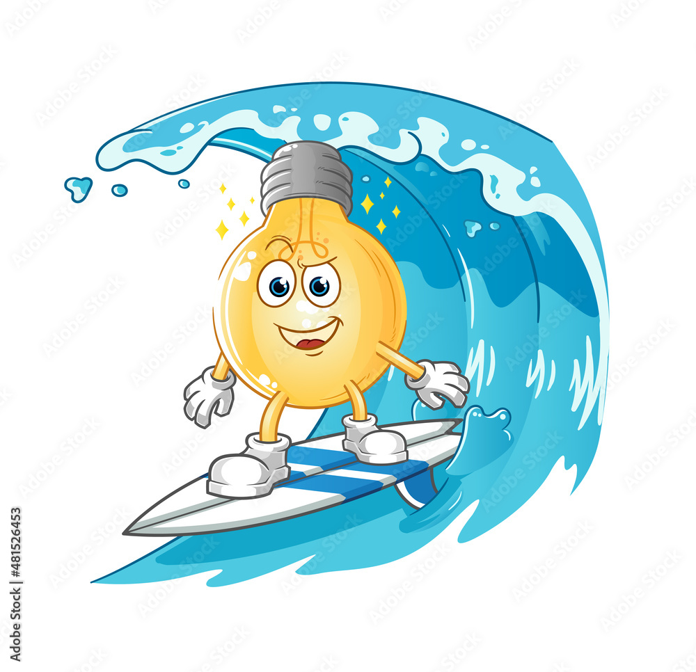 bulb surfing character. cartoon mascot vector bulb surfing character. cartoon mascot vector