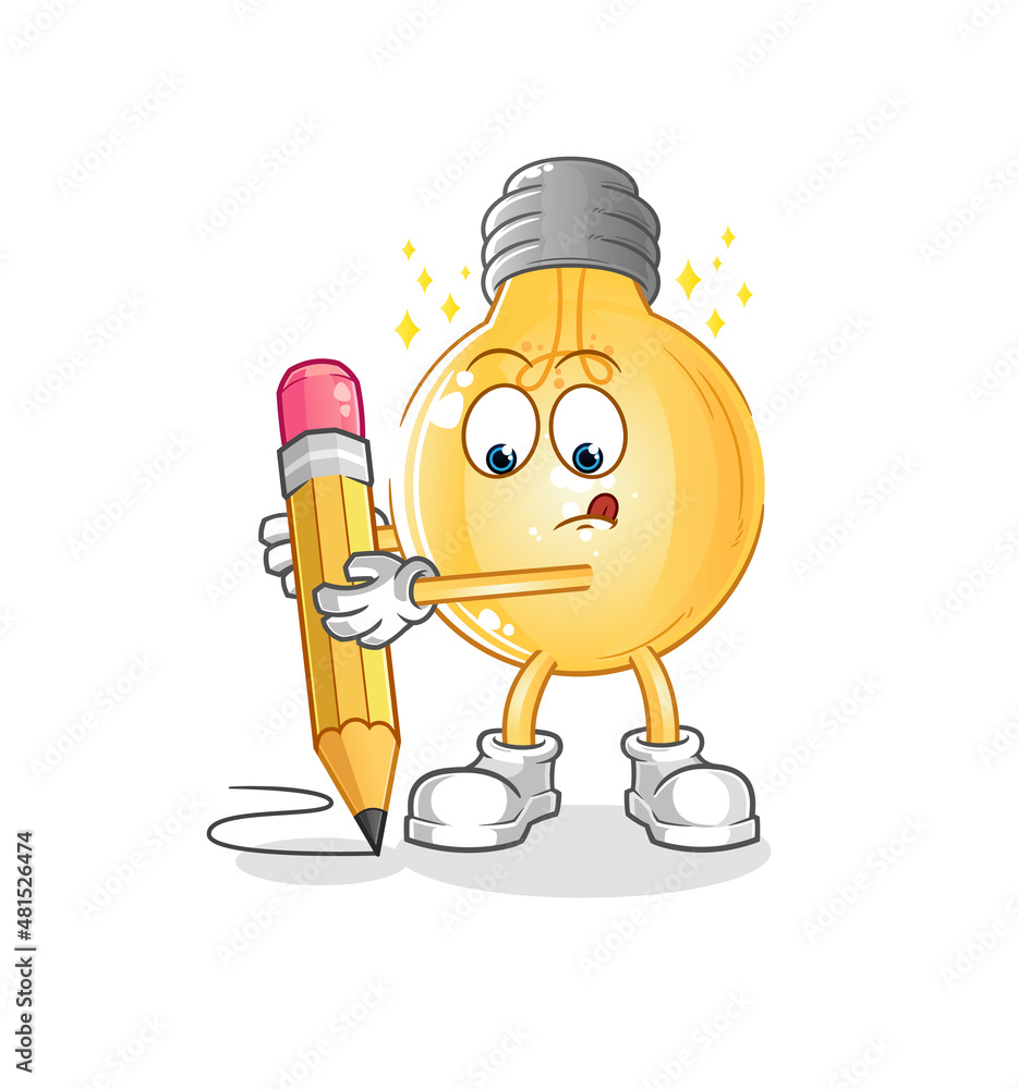 bulb write with pencil. cartoon mascot vector