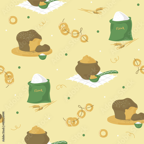 Bakery products and flour. Seamless pattern. Vector image. 