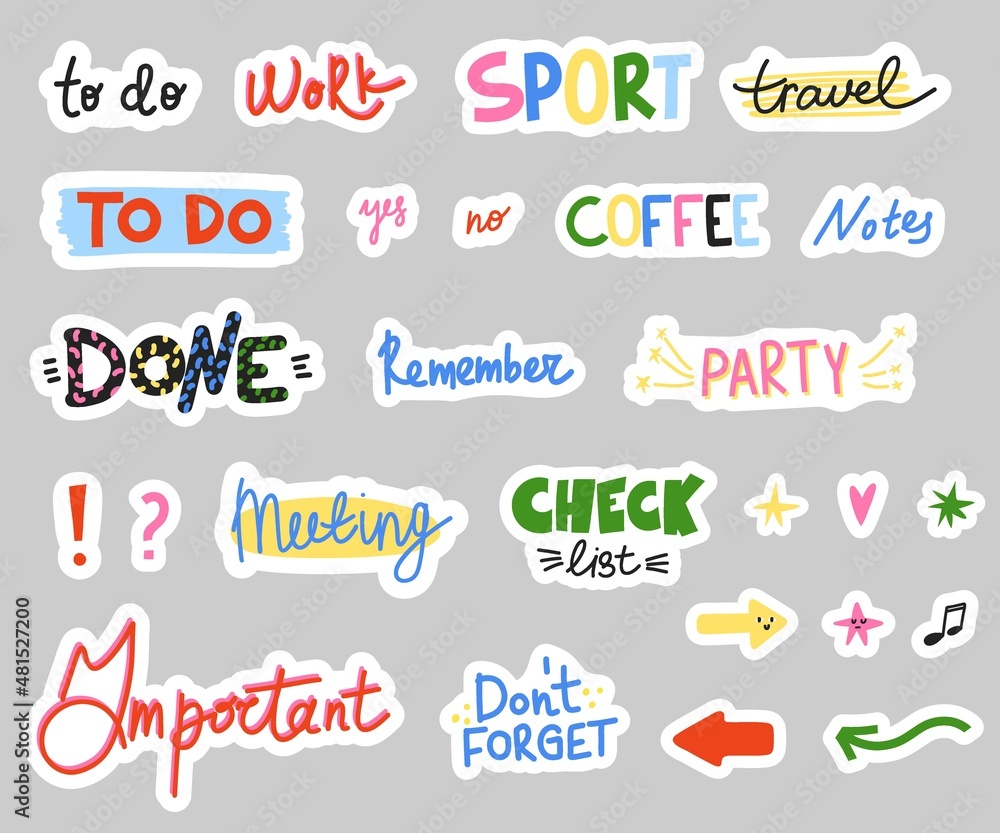 Notebook stickers. Lettering for weekly or daily planner, dairy cute labels, design elements doodle collection, hand drawn elements for scheduler or organizer, reminder or agenda vector isolated set Notebook stickers. Lettering for weekly or daily planner, dairy cute labels, design elements doodle collection, hand drawn elements for scheduler or organizer, reminder or agenda vector isolated set