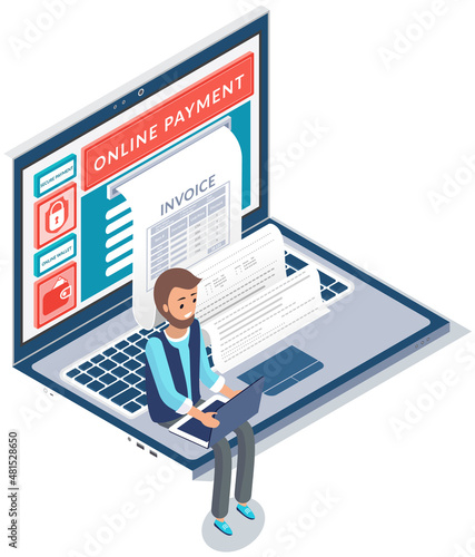 Electronic bill and online banking and shopping, opened laptop with check tape. Payment by means of payments electronic online modern technologies. Tiny man payer buys goods online receives an invoice
