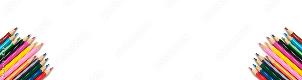 Banner,bright colored pencils on a white background.School supplies for drawing. Banner,bright colored pencils on a white background.School supplies for drawing.