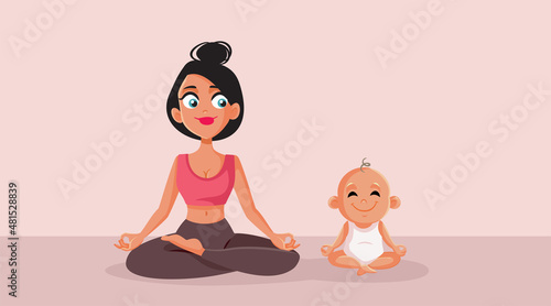 Yoga Mom and Baby Exercise Together Vector Cartoon Illustration