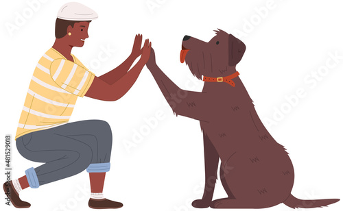 Dog and man give high five. Dog and male character friends isolated on white background. Owner and his pet are playing, giving five. Happy person and pet during greeting vector illustration