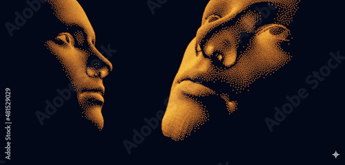 Network forming AI human face. Technology and robotics concept. Anonymous social masking. Cyber crime and cyber security vector illustration.