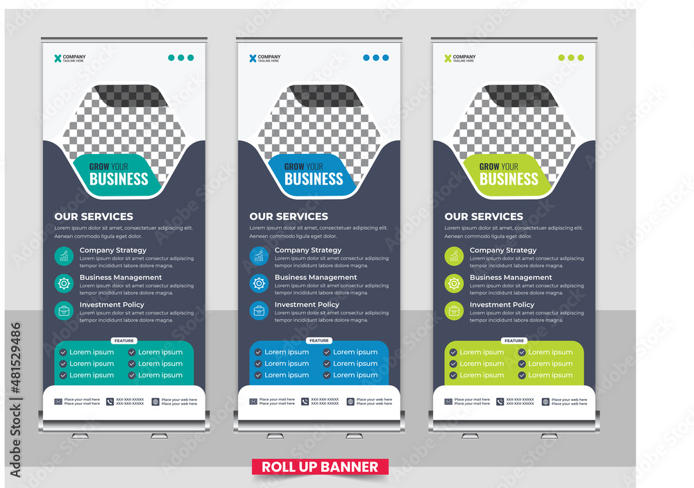 Roll up banner stand template. Abstract background for design, business, education, advertisement. Green and black color. Vector illustration. Roll up banner stand template. Abstract background for design, business, education, advertisement. Green and black color. Vector illustration.