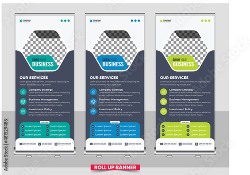 Roll up banner stand template. Abstract background for design, business, education, advertisement. Green and black color. Vector illustration.