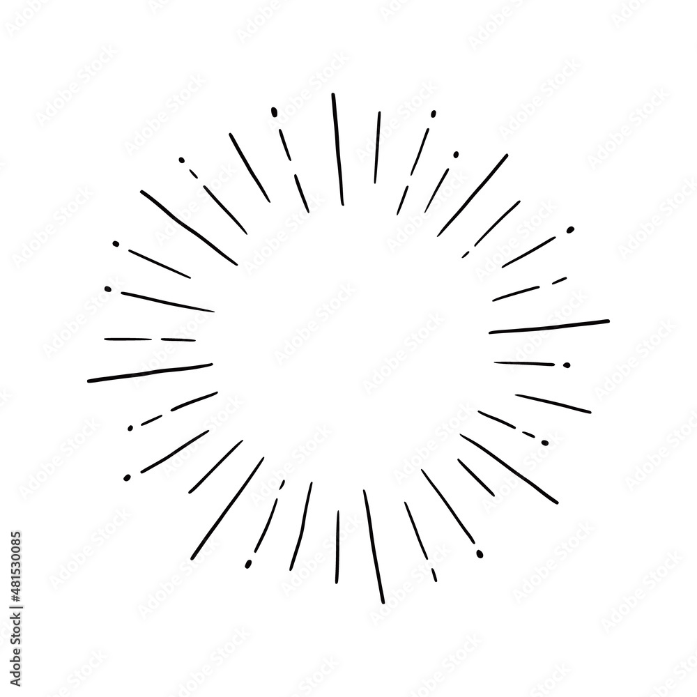 Line doodle ray, sparkle, sunburst. Hand drawn sketch style sunshine, starburst. Vector illustration.