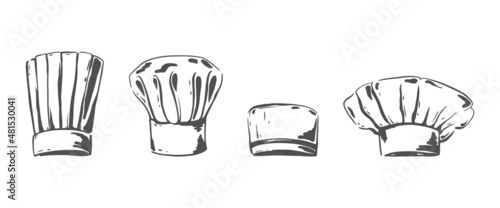 Chef hats sketch. Baker or cooker caps, kitchener headdress. Uniform Costume Wear Element. Vector hand drawn