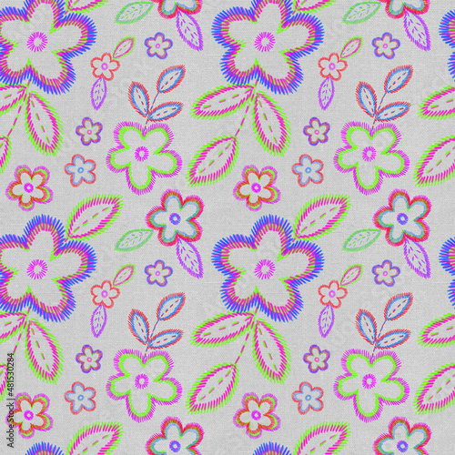 Stitch  embroidery floral seamless pattern. Fancywork neon flowers on canvas repeat print. Modern botanical art  craft  hand made design for textile  fabric  wallpaper  wrapping paper and decoration.