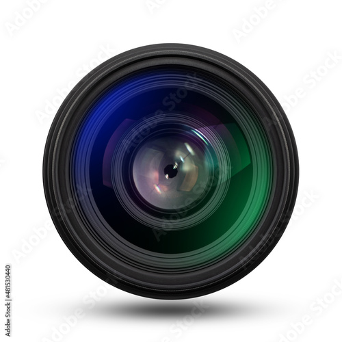 Front view of camera lens isolated on a white background.