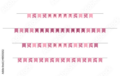 Valentines Day flags set. Hanging hearts garlands isolated. Valentine party decorative flags. Vector flat collection