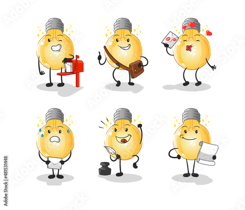 bulb postman set character. cartoon mascot vector