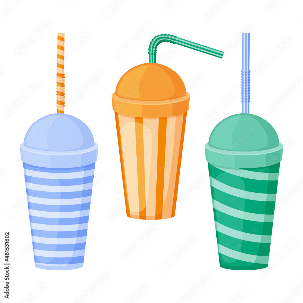 A paper cup. A set of paper cups with a straw. Plastic cups for fast food. A cup for drinks of different colors with a straw. Vector illustration isolated on a white background A paper cup. A set of paper cups with a straw. Plastic cups for fast food. A cup for drinks of different colors with a straw. Vector illustration isolated on a white background