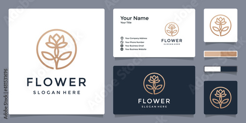 floral logo design in line art style with business card