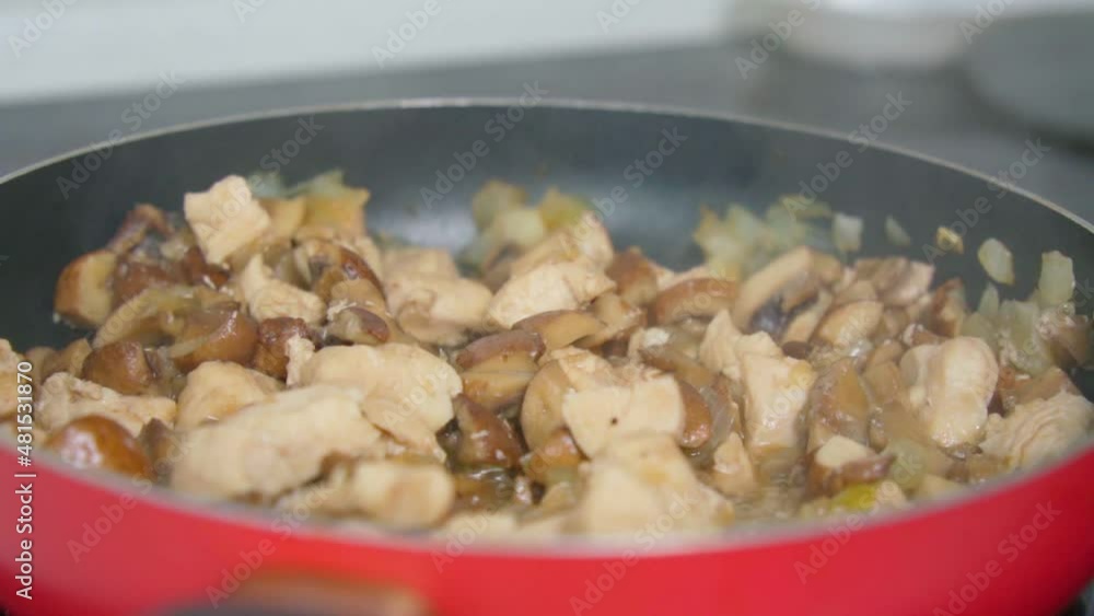 Homemade stewed champignons with chicken fillet, close-up Cooking at home. Slow motion Homemade stewed champignons with chicken fillet, close-up Cooking at home. Slow motion
