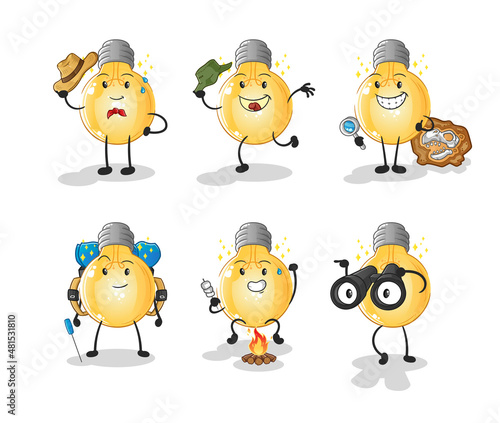 bulb adventure group character. cartoon mascot vector