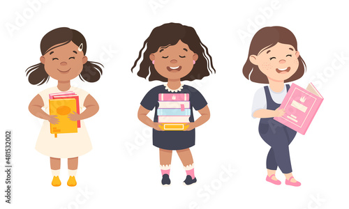 Little Girl Standing with Books Enjoying Reading Vector Set