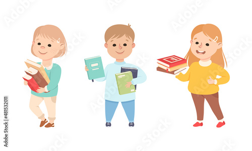 Little Boy and Girl Standing with Pile of Books Enjoying Reading Vector Set