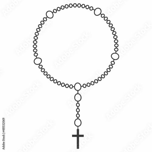 Rosary beads line illustration. Prayer jewelry for meditation. Catholic chaplet with a cross. Religion symbol. Vector