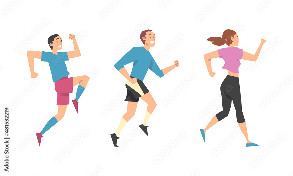 Man and Woman Character Running in a Hurry and Hasten Somewhere Vector Set Man and Woman Character Running in a Hurry and Hasten Somewhere Vector Set