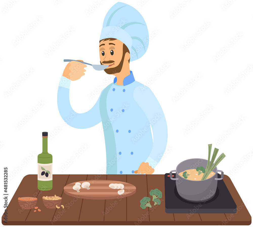 Best chef logo chef stands with spoon and soup pot on stove. Man preparing dish, tasting meal. Chef works with kitchen equipment to prepare food. Male character tastes ingredients of hot dish Best chef logo chef stands with spoon and soup pot on stove. Man preparing dish, tasting meal. Chef works with kitchen equipment to prepare food. Male character tastes ingredients of hot dish