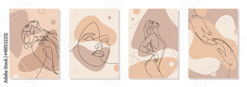 Set of 4 wall art posters. Single line drawn young woman figure, body, beauty face, barely touching hands, minimalistic. Dynamic continuous one line graphic vector design with pastel liquid shapes.