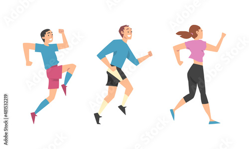 Man and Woman Character Running in a Hurry and Hasten Somewhere Vector Set